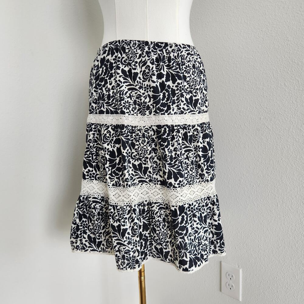 Vintage Y2K Old Navy Black White Floral Tiered Cotton Mini Skirt Low Rise 10